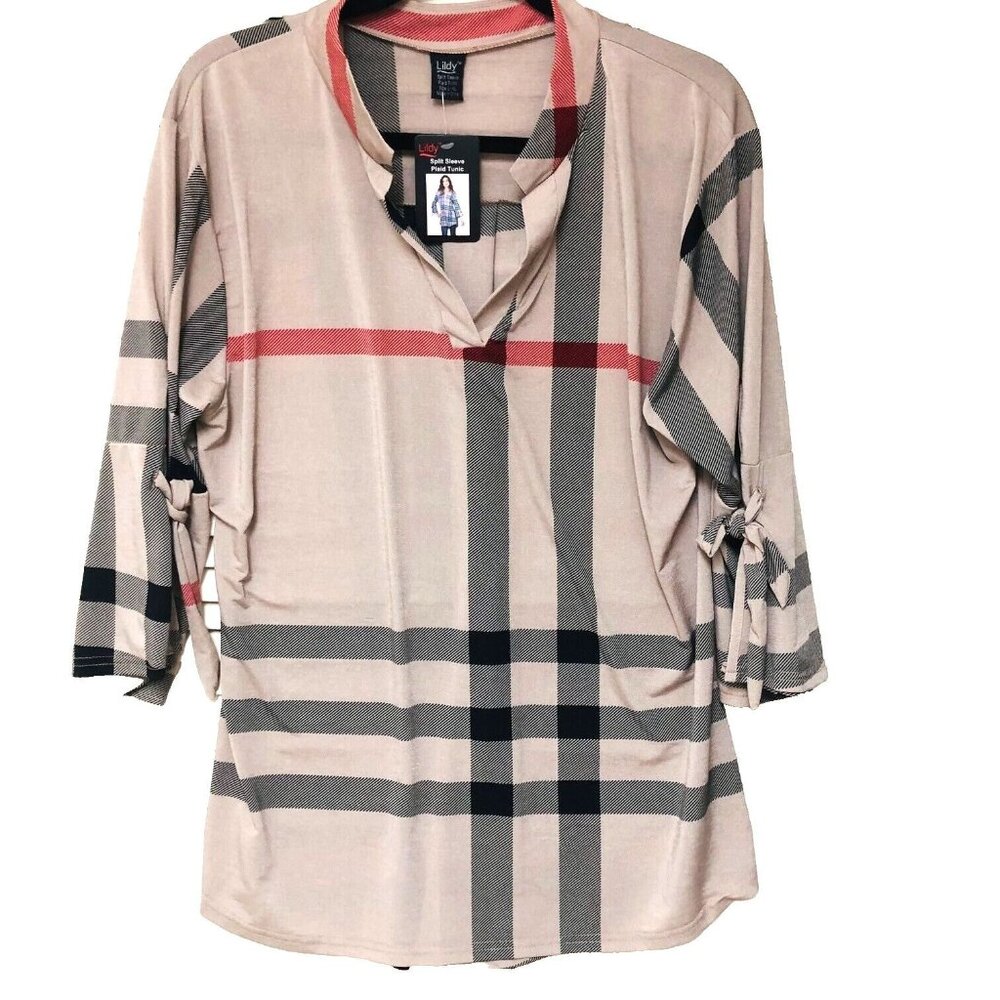 NWT Lildy Womens Plaid Tunic Top Split 3/4 Slv Relax Neutral Office Casual L XL